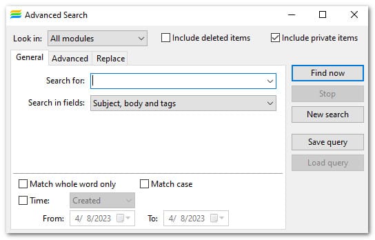 The Advanced Search dialog