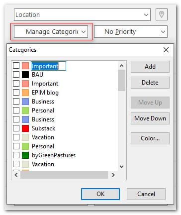 The categories manager in Mail, Calendar, and Tasks