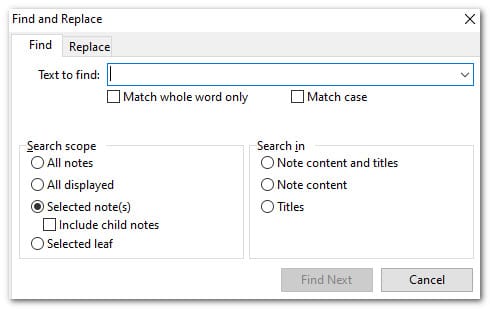 The Search and Replace dialog with options for defining where to search
