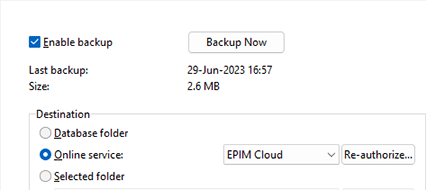 EPIM Cloud backup option